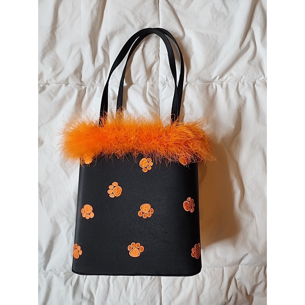 Albini DuFenne Clemson Tigers Purse Orange Feather Trim Tiger Paws Black Bag